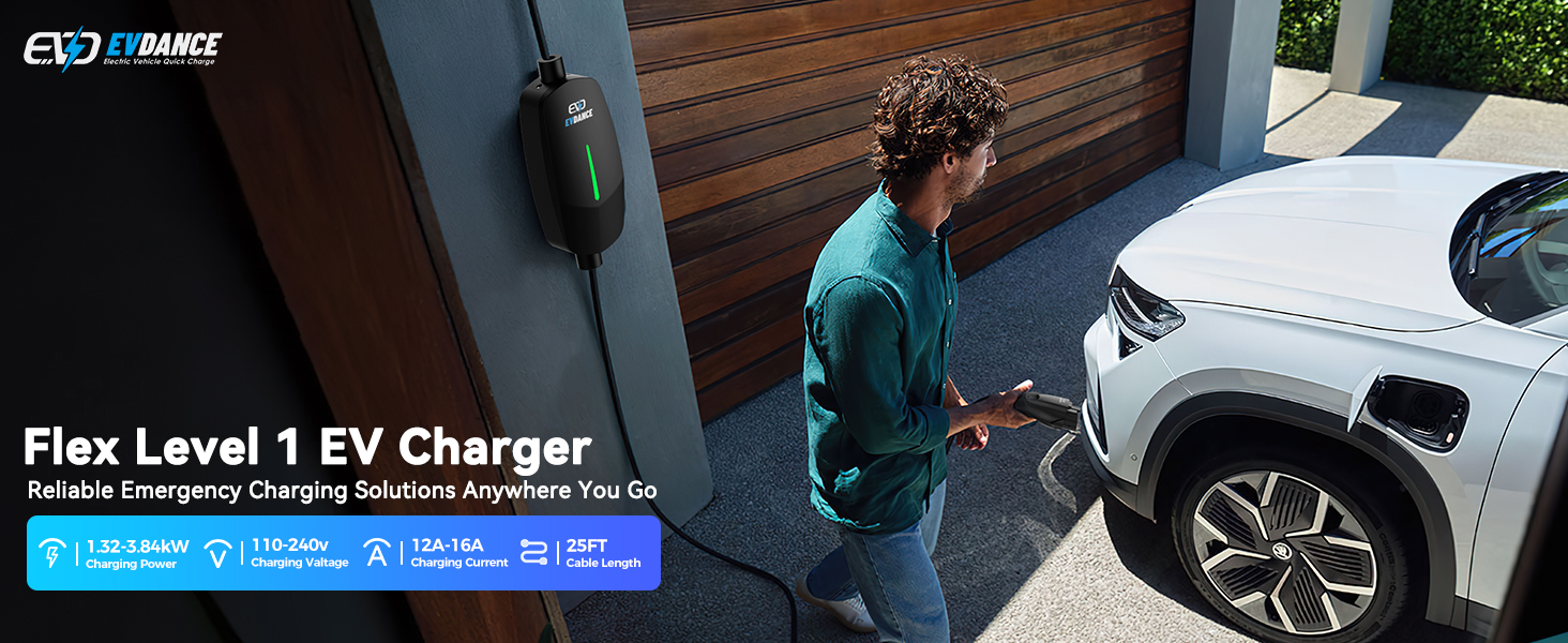 EVDANCE Level 1 & Level 2 Portable EV Charger (12A/16A, 25FT, NEMA 5-15 &amp &hellip;